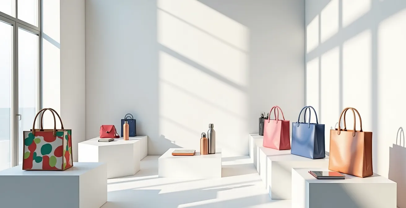 Vue d'ensemble minimaliste d'un espace événementiel avec objets publicitaires disposés artistiquement