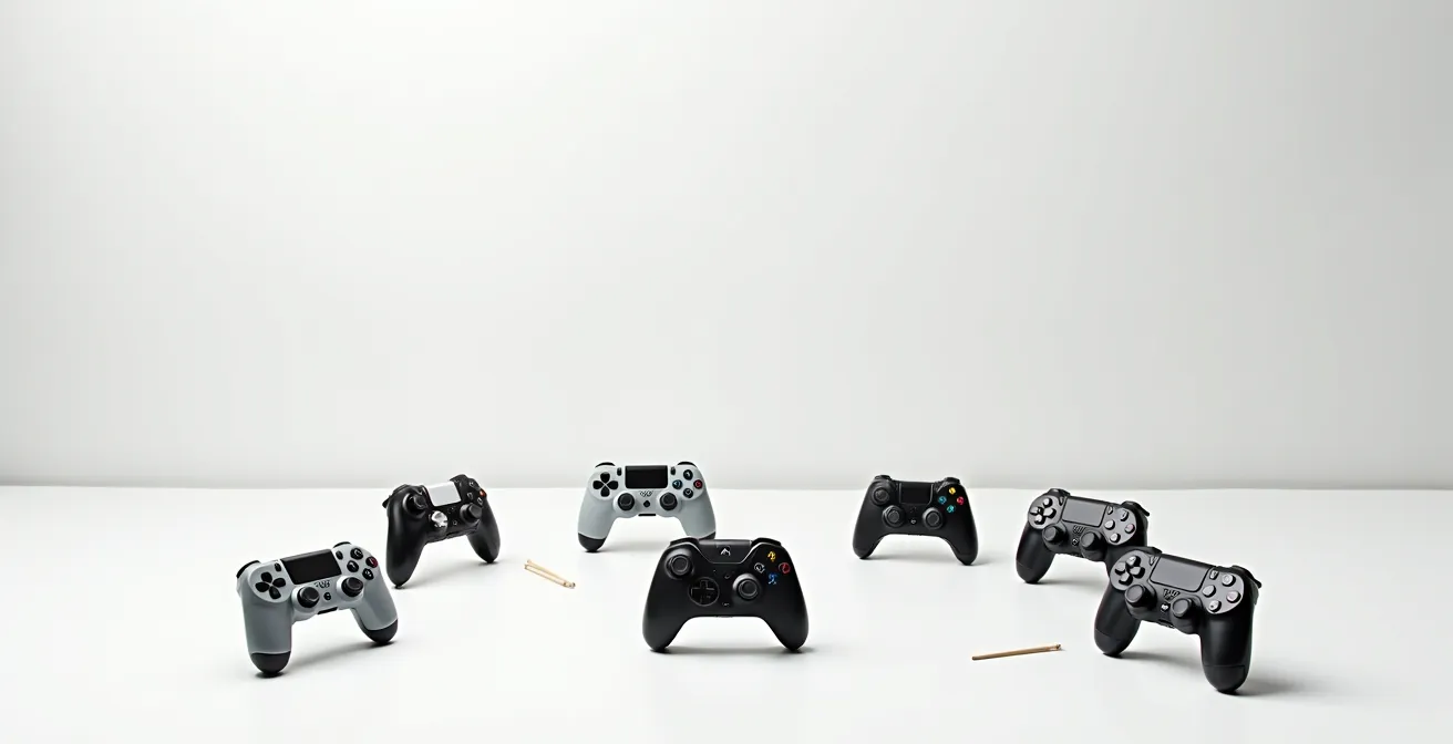 Arrangement minimaliste d'objets symbolisant différents univers gaming