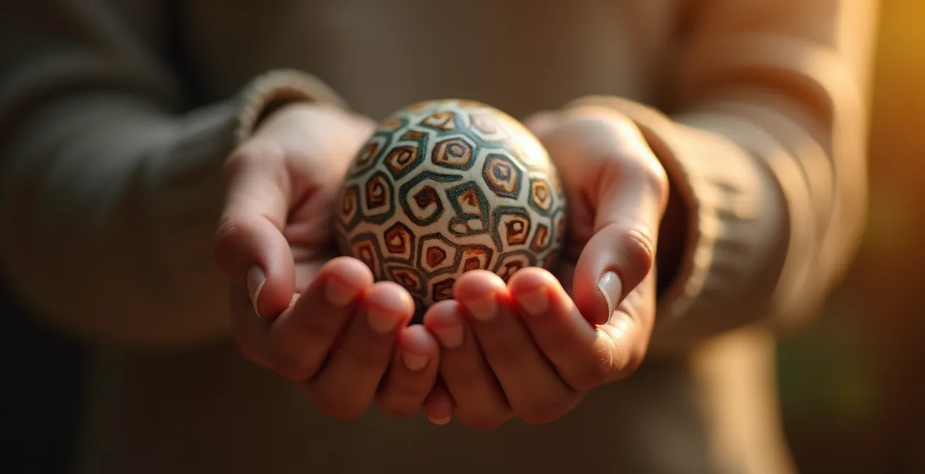 Gros plan sur des mains tenant délicatement un objet personnalisé avec motifs abstraits