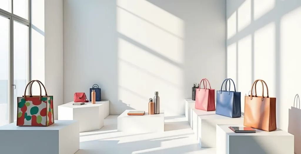 Vue d'ensemble minimaliste d'un espace événementiel avec objets publicitaires disposés artistiquement Vue d'ensemble minimaliste d'un espace événementiel avec objets publicitaires disposés artistiquement